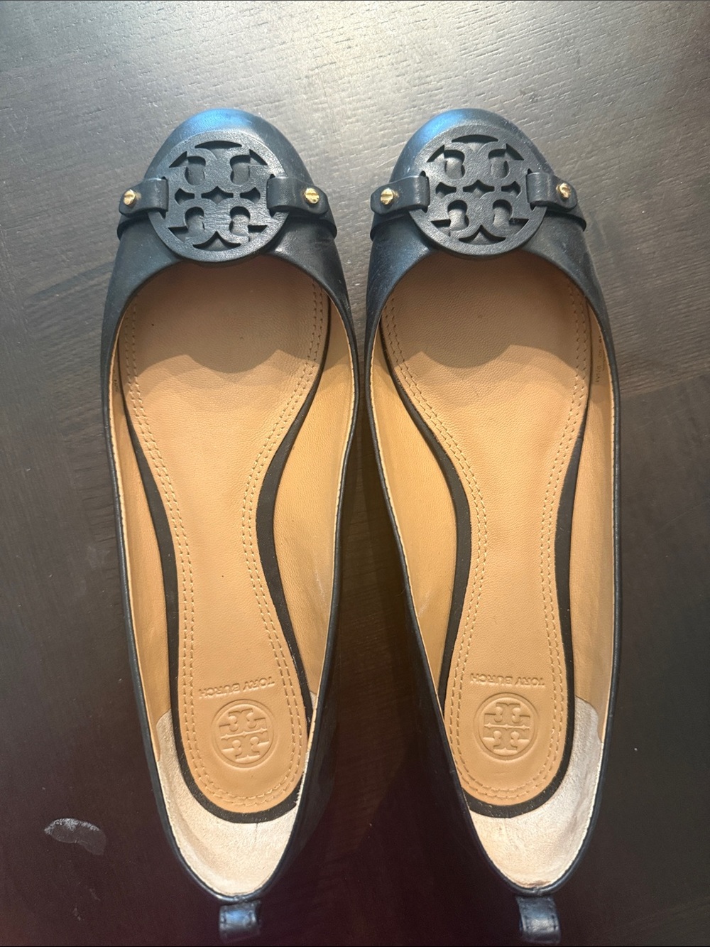 Tory Burch Black Leather Logo Ballet Flats with Gold Accents